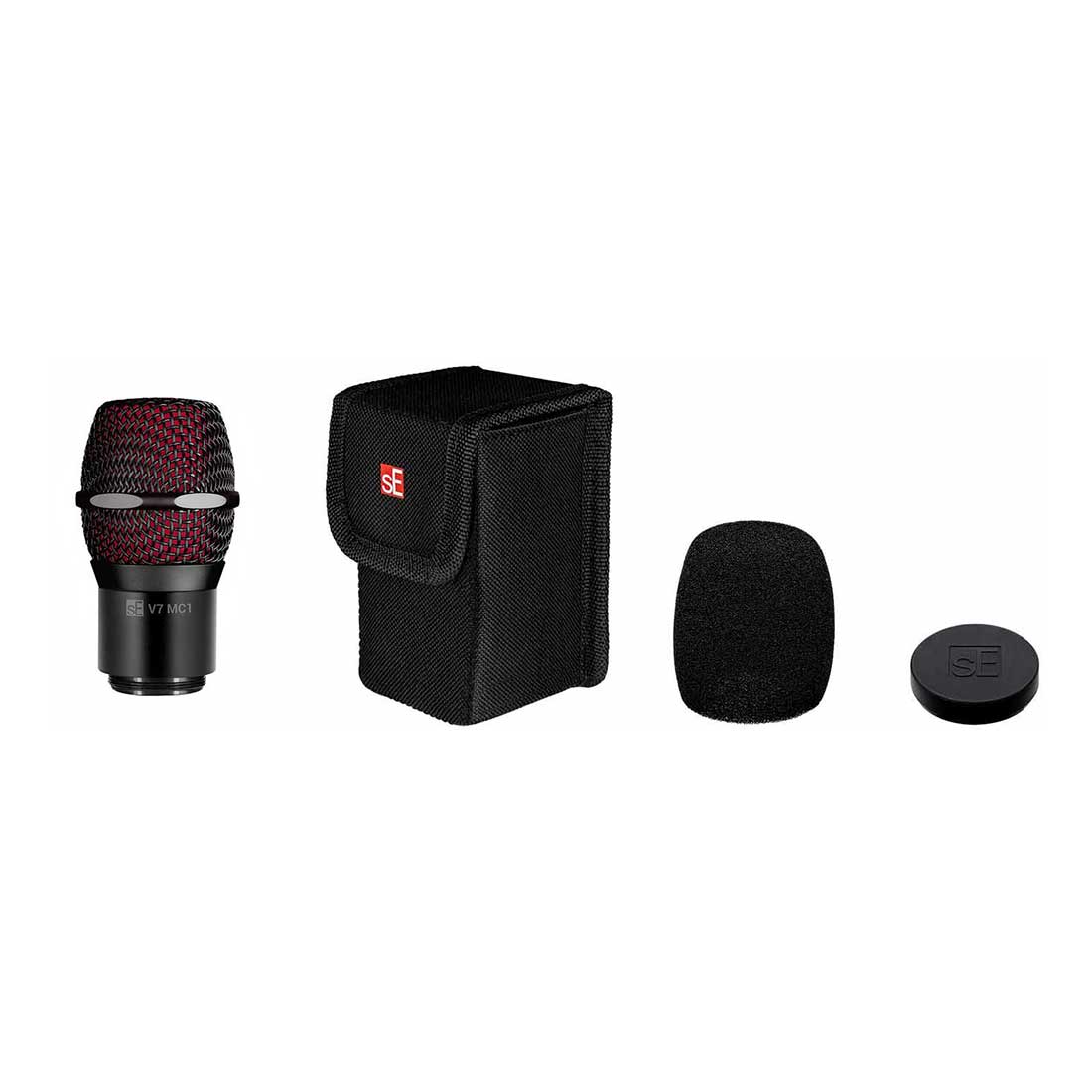 Shure ハンドヘルドトランスミッター用に特別設計された、高性能ワイヤレスバージョンの V7【特徴】V7 MC1 は、高い評価を受ける V7 ハンドヘルドワイヤードダイナミックマイクの強力なサウンドとパフォーマンスを Shure ワイヤレストランスミッターにもたらします - どこにいても V7 のサウンドを手にすることができるのです。カスタム開発された革新的なアルミニウムボイスコイル鮮明でオープンなサウンドのためにカスタム開発された V7 MC1 の DMC7 ダイナミックカプセルは、ボーカルを実に自然にキャプチャーします。洗練されたスーパーカーディオイドカプセルデザインはあなたの声を周囲の楽器からアイソレートすることに効果的で、ハウリングを抑えながら高いゲインを得ることができるでしょう。定評あるネオジム磁石の採用や、厳しい製造公差とハイエンドな仕上げ等により、優れた感度、優れた音質、そして優れた品質を実現しています。V7 MC1 を使用するには、Shure ハンドヘルドトランスミッター*が必要です。* BLX および GLX-D シリーズを除く、全てのモデルと互換性があります。特許取得済みの内蔵ショックマウント、金メッキのコネクション面V7 MC1 の特許取得済みの内蔵型ショックマウントは、機械的振動からカプセルを効率的に切り離します そのハンドリングノイズはこのクラスでは類を見ない、驚くほどに低いものです。これはつまり、あなたの声以外の様々なサウンドを恐れることなく、ステージ上を自由に動き回れることを意味しています。そして金メッキのコネクション面により、ロスのない、確実な信号伝達が実現します。スティールメッシュグリルV7 MC1 の筐体はすべてが金属製です - ここにプラスティックのパーツはありません。シャーシに採用されている高品質で耐久性に優れる亜鉛合金は、何年にも渡るステージ上での酷使にも耐えられるよう設計されています。また、スティールメッシュグリルはへこみや錆に強く、高い信頼性を備えています。グリル周りの面取りが施されたユニークなエッジは、アンプやステージフロアの上に置いたマイクが転がり回ることを抑えます - シンプルですが、細かな配慮が嬉しいデザインです。内部ウィンドスクリーン不要な吹かれやポップノイズ等を効果的に軽減する役目を果たします。スタイリッシュな "sEレッド" が気分に合わない場合に備え、スペアとしてブラックのウィンドスクリーンも同梱しています。【詳細情報】製品内容・sE ロゴステッカー・ユーザーマニュアル（英文）・交換用ウィンドスクリーン（ブラック）・専用ポーチ・専用ボトムカバーV7 MC1・タイプ : ダイナミック・ボイスコイル素材 : アルミニウム・マグネット素材 : ネオジム・指向性 : スーパーカーディオイド・周波数特性 : 40 Hz - 19 kHz・感度 : 2.0 mV/Pa（-54 dB）・インピーダンス : 300Ω・接続性：Shure ハンドヘルドトランスミッターと互換（BLX と GLX-D シリーズを除く）・外形寸法 : 54 mm（直径）× 92 mm（長さ）・本体重量 : 150 gマイクポーチ外形寸法 : 66 x 62 x 110 mm (L x W x H)外形寸法 : 33gボトムカバー外形寸法 : 37.2 x 8.5 mm ( x H)外形寸法 : 5g仕様は予告なく変更となる場合があります。 JANコード：4530027261710