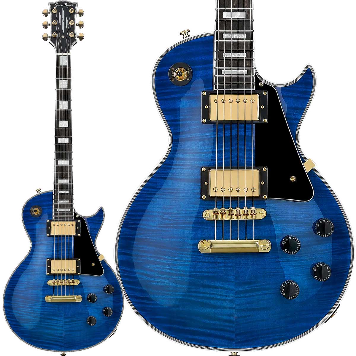 フレイムメイプルトップのレスポールタイプ【特徴】BODY：(Top) Flame Maple Veneer on Hard Maple w/Multi-Ply Binding, (Back) OkoumeNECK：OkoumeFINGERBOARD：Ebony(Dye Black), 22frets w/White BindingSCALE ：628mmCONSTRUCTION：Set-neckBRIDGE：Tune Matic / Stop TailpiecePICKUPS：(Neck) GH-1G, (Bridge) GH-1GCONTROLS：Neck&Bridge Volume, Neck&Bridge Tone, Toggle PU SelectorJANコード：4515303535099