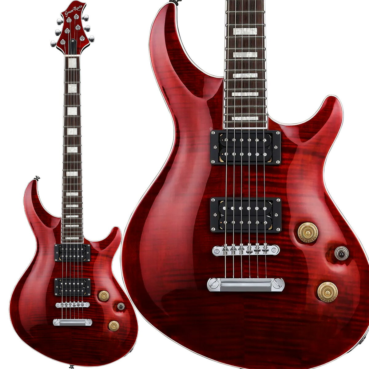 ESP MYSTIQUEの美学を受け継ぐ。流麗なアーチドトップと優れたサステインを誇るハイコストパフォーマンスモデル。【特徴】ESPのフラッグシップ「MYSTIQUE」の流麗なデザインと優れた演奏性を受け継いだ「GrassRoots G-MYSTIQUE」。50mm厚のバスウッドボディに美しいフレイムメイプル突板をラミネート。立体的なアーチドトップは、ブリッジ付近の質量を高めることでサウンドにも好影響を与えます。安定性に優れたオクメネックとローズウッド指板の組み合わせに、24フレット仕様のジャンボフレットを採用し、テクニカルなプレイにも余裕で対応。ヘッドからボディへ続くバインディングが高級感を演出します。ジョイントにはセットネック方式を採用し、ヒール部を厚く長く設計することで豊かなサステインを獲得。ボディ側を斜めにカットすることでハイポジションへのアクセスもスムーズです。チューン・マティック・ブリッジとストップテールピースによる安定した鳴りに加え、オリジナルハムバッカーを2基搭載。クリーンからハイゲインまで幅広く対応するシンプルなコントロールも魅力です。※画像はサンプルです。木目などの外観には個体差がございます。【詳細情報】SpecificationsBody Specs・Body Top: Flamed Maple Veneer (フレイムメイプル突板)・Body Back: Basswood・Body Binding: White Binding・Thickness: 50mm・Shape: MYSTIQUE Offset Shape / Arched TopNeck Specs・Neck Material: Okoume (オクメ)・Fingerboard Material: Rosewood w/White Binding・Fret Count: 24 (Jumbo Fret)・Scale Length: 648mm・Construction: Set-neck (セットネック)Electronics Specs・Neck Pickup: GH-1n・Bridge Pickup: GH-1b・Controls: Master Volume, Master Tone, Toggle PU SelectorHardware Specs・Bridge: Tune-Matic / Stop Tailpiece・Hardware Finish: ChromeColor Variations・See Thru Black (シースルーブラック)・Black Cherry (ブラックチェリー)・See Thru Blue (シースルーブルー)JANコード：4515303535075