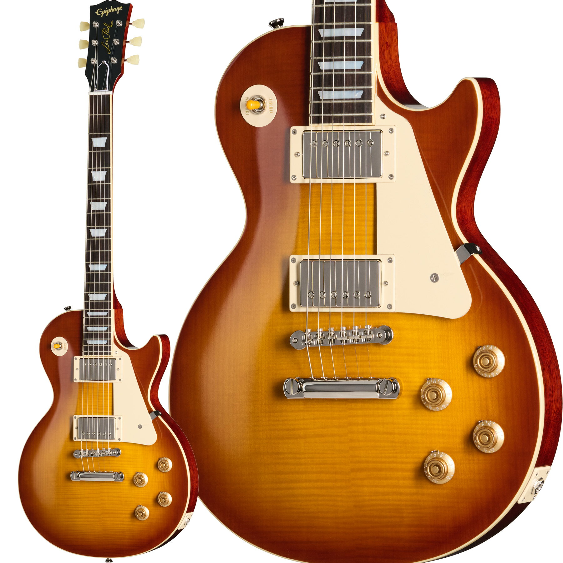 ギブソン・カスタムとの共同開発。最高峰のCustombuckerを搭載した、1959年製レスポールの正統リイシュー。【特徴】ギブソン・カスタムとのパートナーシップにより、歴史上最も象徴的で羨望の的である1959年製レスポールを細部まで再現した「1959 Les Paul Standard Reissue」です。マホガニー・ボディのトップには、AAAグレードの美しいフレイムメイプル突板をラミネート。適度な艶を抑えた「Vintage Gloss」フィニッシュが、極上のヴィンテージ感を演出します。1ピース・マホガニーのネックは、抜群の安定性と豊かなサステインをもたらすディープ・ジョイント（ロング・テノン）を採用し、程よい厚みで握り心地の良い「1959 Rounded Medium C」プロファイルに仕上げられています。ヘッド形状には待望のギブソン「オープンブック」スタイルを採用しました。心臓部には、ギブソンの最高峰であるUSA製「Custombucker」を2基搭載。CTSポット、Bumblebeeペーパー・イン・オイル・キャパシター、Switchcraft製スイッチ等、ファーストクラスのパーツを贅沢に手配線で使用し、艶やかで立体的な本物のヴィンテージトーンを出力します。細部までこだわり抜いた、至高のクオリティを誇る一本です。専用ハードケースが付属します。※画像はサンプルです。木目などの外観には個体差がございます。【詳細情報】Body Specs・Body Shape: Les Paul・Top: Maple with AAA Flame Maple Veneer (メイプル / AAAフレイムメイプル突板)・Body Material: Mahogany・Body Finish: Vintage Gloss・Color: Golden Poppy Burst・Binding: Single-ply Cream, Top and FretboardNeck Specs・Neck Material: One Piece Mahogany (1ピース・マホガニー)・Profile: 1959 Rounded Medium C・Joint: Glued In, Set Neck; Long Tenon (ディープジョイント)・Fingerboard Material: Rosewood・Fingerboard Radius: 304.8mm / 12.0in・Fret Count: 22 (Medium Jumbo)・Inlays: Mother-of-Pearl Trapezoid・Nut Material / Width: Graph Tech / 43.0mm (1.69in)・Scale Length: 628.65mm / 24.75inElectronics Specs・Neck Pickup: Gibson Custombucker・Bridge Pickup: Gibson Custombucker・Controls: 2 Volume, 2 Tone (CTS Potentiometers, Bumblebee Paper in Oil Capacitors)・Pickup Selector / Output Jack: Switchcraft 3-way Toggle / 1/4" SwitchcraftHardware Specs・Bridge / Tailpiece: ABR-1 Tune-O-Matic / Gibson Historic Reissue Aluminum Stop Bar・Tuning Machines: Epiphone Deluxe, Single Ring Keystone Button・Pickguard / Control Knobs: Cream, No Bevel / Gold Top Hat with Nickel-plated Dial Pointer・Finish: NickelMisc Specs・Model: ECLPR9DKNH1・Headstock: Gibson Open Book・Headstock Inlay: Epiphone Logo (Aged Mother of Pearl), Les Paul Model Gold Silkscreen・Case: Hardshell with Brown Exterior, Pink Interior, and Inspired by Gibson Custom Graphics・Strings Gauge: .010, .013, .017, .026, .036, .046JANコード：0711106165851