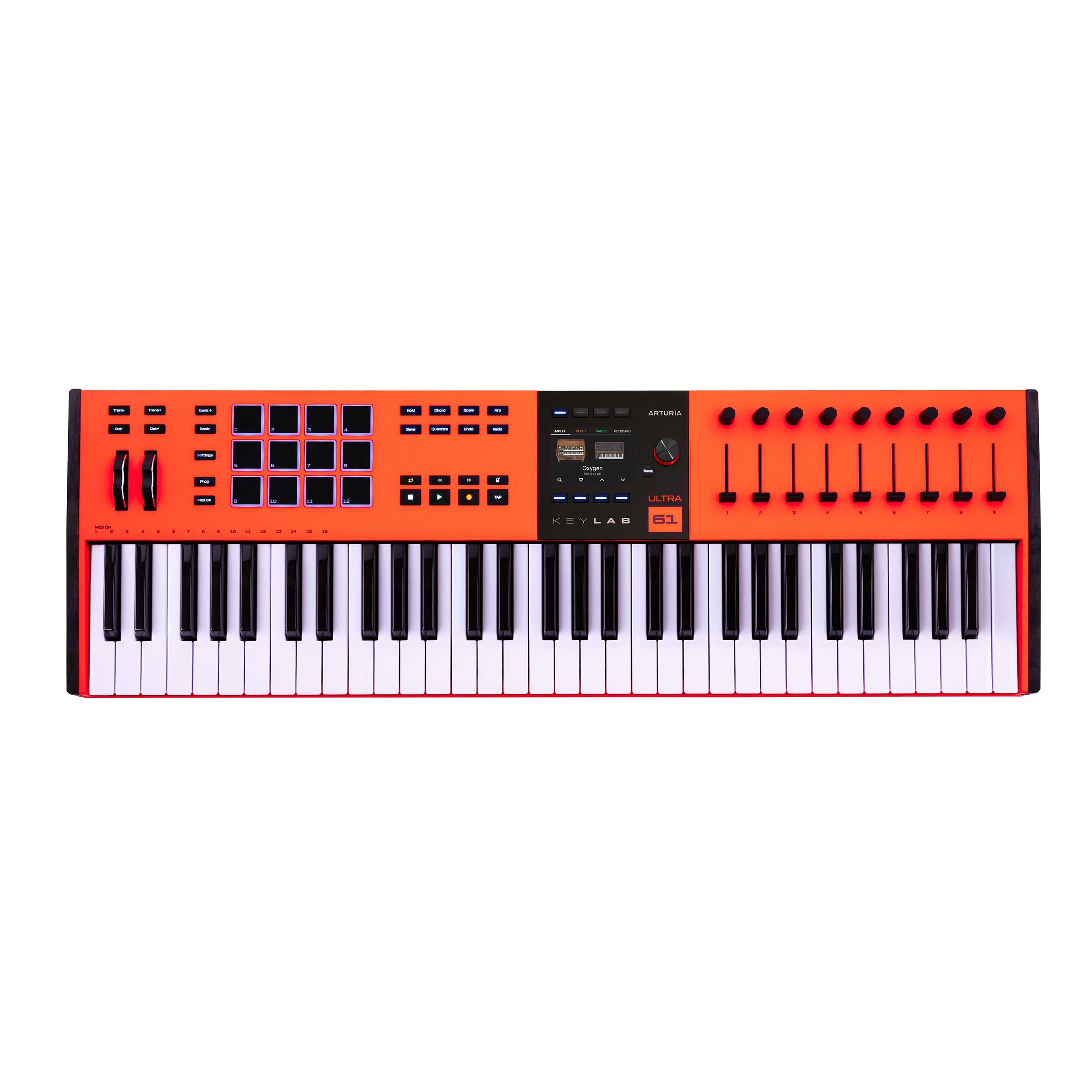 KeyLab mk3がビビッドなUltraカラーで登場。【特徴】KeyLab mk3 は、コンピュータの拡張だけではなく、あなた自身のイメージの拡張を提供します。プロフェッショナルで人間中心のデザインの KeyLab mk3 は、あらゆる機能を備えた MIDI コントローラーの利点を組み合わせ、どんなセットアップにも完璧にフィットし、あなたが想像する音楽のきっかけをも生み出すでしょう。ゼロから再設計された KeyLab mk3 は、新しいクリエイティブな機能とユーザー・コントロールとともに強化されたキーベッドにより、前モデルの卓抜性を新たな高みへと導きます。スタジオでもステージでも、ハードウェアやソフトウェアとシームレスに統合できるように設計されたこのコントローラーは、長持ちし、こだわりの強いキーボーディスト、作曲家、プロデューサーのニーズを満たすように作られています。主要な DAW との統合、パフォーマンス機能や堅牢なデザインまで、KeyLab mk3 は、プレミアム・コントローラー・キーボードの新しいリファレンスとなるためのすべてを備えています。■強化された鍵盤鍵盤のバランス、ウェイト、スプリングのテンションを全面的に見直し、シンセやピアノ・サウンドをよりコントロールしやすくなりました。■ビジュアル・インターフェース480x320px のスクリーンで設定、パラメーター、カスタムマッピングをフルコントロール 8 つのコンテクストボタンでコントロール可能。■クリエイティブな機能新しいスケール、アルペジエーター、コード・モードなど、刺激的なクリエイティブ・ツールで表現をさらに広げましょう。■パッド機能フィンガー・ドラム、クリップ・ランチング、限りないマッピングの可能性のために、12 個のパッドからなる合計 4 つのパッド・バンクを利用できるようになりました。■タッチセンサー式ポテンショメーターとフェーダー9 つの 360°ロータリー・ポテンショメーターと 9 つのフェーダーで、より高度なコントロールが可能。■ソフトウェア・バンドル以下のプロ仕様のソフトウェアが付属します。Analog Lab Pro、Mini V、PianoV、Augmented Strings、Rev PLATE-140、Ableton Live Lite、NI The Gentleman、Loopcloud & Melodics【詳細情報】外形寸法(WxDxH)KeyLab mk3 61:873 x 278 x 74 mm質量KeyLab mk3 61:6.8kg付属品・クイックスタート・登録カード・USB ケーブル(C/A)JANコード：3760033532646