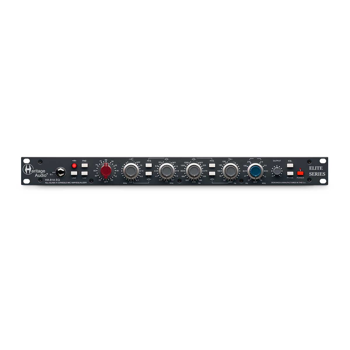 2つのクラシックなコンソール回路を融合したチャンネルストリップ【特徴】Heritage Audio の HA-81A EQ は、名機として語り継がれる2つのクラシック・コンソール回路から、プリアンプと EQ セクションを組み合わせたチャンネルストリップです。Class A のオール・ディスクリート回路と、73 スタイルのマイクプリを持ち、抜群に柔軟で音楽的なコンソール系 EQ を搭載しました。レコーディングエンジニアやアーティスト、プロデューサーが求める “あのクラシックな質感” を再現するための定番テクニックを、これ1台で実現します。 ・オール・ディスクリート Class A 設計のプリアンプ最大 80dB の強力なゲインを備えたオール・ディスクリート Class A 設計。73 スタイル特有の温かみや豊かな質感を得られます・機能的、音楽的な4バンドEQ充実したセクションと ±15 dB の可変幅によって、狙いどおりのトーンを気持ちよく作り込める、4バンドのインダクター EQ・高精度な設計ロータリースイッチ、高精度な同軸ポテンショメーターなど、こだわり抜かれた高品質な製造、設計クラシカルでリッチな音を再現した、クラス A ディスクリート・マイクプリアンプHA-81A EQ のプリアンプ部は、最大 80dB の強力なゲインを備えたオール・ディスクリート Class A 設計です。Class A 特有の厚みのあるサウンドに、倍音豊かな低域、音楽的で芯のある中域、そしてきらめくように抜けの良い高域を届けます。入出力トランスには、濃厚なブリティッシュサウンドを演出する Carnhill (St Ives) を採用。2段階のステップ式ゲインノブでスムーズなワークフローを叶え、出力トリムも細かく調整可能です。他にも -20dB パッド、位相反転、+48 V ファンタム電源、インピーダンス切替などを備えることで、さまざまなマイクに合わせて最適なレスポンスを引き出せます。音色を徹底的にコントロールできる、音楽的で機能的な EQEQ 部は、音楽的な4バンドのインダクター EQ と同軸ノブを搭載する充実したセクションを有しており、狙いどおりのトーンを気持ちよく作り込めます。高域／低域は Shelf と Bell のカーブを切替えることができ、中高域／中低域は専用バンドを用意。Q は2段階から選べ、周波数は全40ポイントの豊富な選択肢から設定できます。高品位な 18 dB／3ポールのハイパス／ローパス・フィルターを内蔵し、音色を徹底的にコントロールすることが可能です。これにより音楽性と機能性の両方を高いレベルで実現しています。妥協のない高精度な設計HA-81A EQ は、ロータリースイッチと高精度な同軸ポテンショメーターを採用。Elite シリーズの他製品と同様、音質を犠牲にしたり手を抜いたりすることなく、製造・設計の最先端手法で作り上げています。組み立ては全て、スペイン・マドリードにある Heritage Audio 本社にて行われています。 【詳細情報】最大入力レベル 約 80 dB最大出力レベル +26.5 dBu 以上 / 600 Ω（内部終端）周波数特性 20 Hz（+0.3 dB） 20 kHz（-0.2 dB）入力インピーダンス MIC 入力 : 1200 Ω 以上（LOZ OFF） / 300 Ω 以上（LOZ ON）、トランスバランス（フローティング）LINE 入力 : 10 kΩ（ブリッジング）、トランスバランス（フローティング）DI 入力 : 2 MΩ 以上、アンバランス出力インピーダンス 75 Ω 未満 Carnhill トランスバランス（フローティング）、600 Ω 駆動（工場出荷時終端）ノイズ -100 dBu 未満THD 0.025 % 未満 / 1 kHz 0.05 % 未満 / 100 Hz消費電力 150 mA 未満 / 48 V 有効時外形寸法（W x H x L） 482 mm x 44 mm （1ラックユニット） x 184 mmJANコード：4530027290505