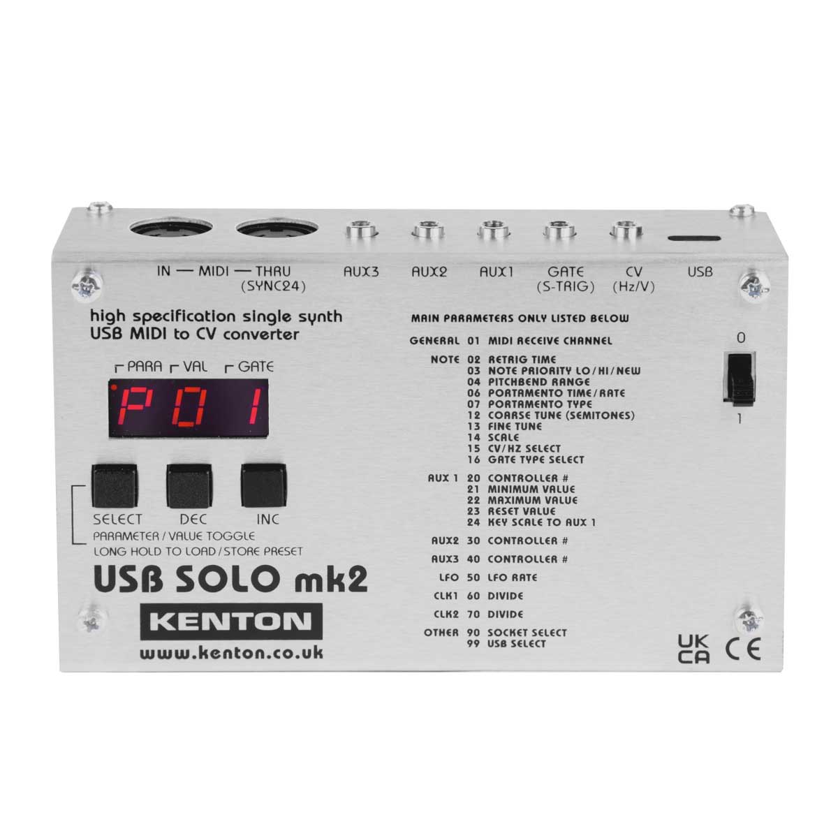 USBおよび5ピンDIN MIDIポートを搭載した USB Solo Mk2 は、高度な設定が可能な高性能MIDI-CVコンバーター【特徴】USBおよび5ピンDIN MIDIポートを搭載した USB Solo Mk2 は、高度な設定が可能な高性能MIDI-CVコンバーターです。DAWからあらゆるモノフォニック・シンセサイザーを制御でき、超高速なレスポンスとKentonならではの高い品質を備えています。さらに、MIDI-CV変換機能に加えて、USB Solo mk2はUSB MIDIインターフェースとしても機能し、5ピンDIN MIDI機器を簡単にDAWへ接続できます。本機は Pro Solo Mk3 のすべてのCV変換機能を搭載しており、3系統の連続可変補助出力、内蔵LFO、ADSRエンベロープジェネレーター、段階的なMIDI CC信号を滑らかにする機能などを備えています。USB Solo Mk2は、ヴィンテージ機を含むアナログシンセサイザーをMIDI環境へ組み込みたいユーザーに最適なコンバーターです。高い互換性を実現するため、CV出力は標準的な 1V/Oct および Hz/Volt 規格だけでなく、0.92V/Oct 1.62V/Oct の任意スケーリングに対応しており、BuchlaやEMLを含むほぼあらゆるシンセサイザーに対応可能です。また、チューニングは微調整までが可能で、最大±2オクターブまで補正できます。ピッチベンド範囲も広く設定可能です。ゲート出力は複数の電圧レベルに対応し、S-Trig出力も利用できます。3系統の連続可変補助出力は3.5mmジャックで提供され、MIDI CC、ベロシティ、アフタータッチ、クロックなどに割り当てることができます。さらに、MIDI ThruポートをSync24出力に切り替えることで、ヴィンテージRoland機器との同期も可能です。すべての設定は本体前面パネル、または新しい USB Solo Mk2 Configuration Manager アプリから行えます。本体には USB-A to USB-C ケーブルが付属しています。USB Solo MkIからの変更点USB Solo mk2は、Pro Solo mk3と同等の仕様へアップグレードされています。USBおよび5ピンDIN MIDIを搭載し、USB MIDIインターフェースとしても使用可能Aux 2およびAux 3が連続可変アナログ出力となり、3.5mmジャックソケットで提供Aux出力に割り当て可能なコントローラーの種類を拡充Aux出力にスルーレート（立ち上がり/立ち下がり時間）調整機能を追加し、コントローラー値の急激な変化を滑らかに調整可能内蔵ADSRエンベロープジェネレーターを搭載（各パラメーターはMIDI CCに割り当て可能）デュアルクロックディバイダーを搭載し、異なる出力で同時使用可能（MIDI出力として使用していない場合はDINソケットでも利用可能）ドラムトリガーモードを追加。Aux出力をベロシティに応じて変化するトリガーパルス出力として設定でき、それぞれ独自のトリガーノートを割り当て可能リトリガー（マルチトリガー）用の可変ゲートオフ時間を搭載32個のプログラムメモリーにより、プリセットの保存・呼び出しが可能MIDIプログラムチェンジによるプリセット呼び出しに対応人気の高いシンセサイザー向けのプリセットをあらかじめ搭載ピッチベンド範囲を上下48音まで拡張アップデート提供時にはSysEx経由でフラッシュアップグレード可能32ビットARMプロセッサーを採用【詳細情報】電源　USB-C経由 5V DC給電消費電流　50mA外形寸法　140mm × 87mm × 45mm重量　210g入力　電源およびMIDI用 USB-C5ピンDIN MIDI IN5ピンDIN MIDI THRU（Sync24として設定可能）出力　3.5mmモノラルジャック × 5CV：1〜1.5 V/Oct、Hz/V（±8%までの微調整スケーリング対応）Gate：Gate（5V、10V、15V）またはS-trig（プルアップなし、または5V、10V、15Vプルアップ）Aux1：約 -2.7V 〜 +10VAux2：約 -2.7V 〜 +10VAux3：約 0V 〜 +10VDAC　CV：16bitAux 1、2：12bitAux 3：10bitディスプレイ　3文字LEDパネル（設定用ボタン3個搭載）付属品　ユーザーマニュアルUSB 2.0 Type-A ⇔ Type-Cケーブル（2m）JANコード：4580646116298