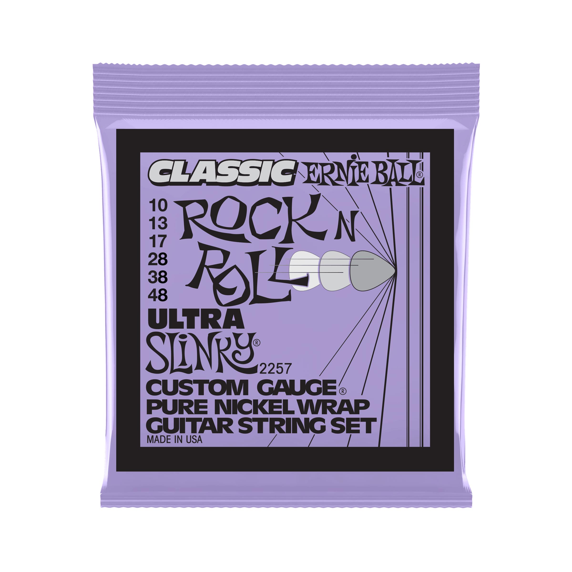 現代の技術で蘇る、60年代のピュアニッケルトーン【特徴】アーニーボール「Slinky Classic Rock N' Roll」ストリングスが持つ、温かみのあるヴィンテージ・キャラクターをぜひご体感ください。ハイカーボンスチール製のヘックスコア（六角芯）にピュアニッケルのラップワイヤーを巻き上げた構造になっており、現代ならではの精度と信頼性を備えつつ、1960年代のソウルフルなトーンを生み出します。【詳細情報】ゲージ：.010, .013, .017, .028, .038, .048外形寸法（W× D × H)/質量：110 x 10 x 140 mm / 32gJANコード：0749699130499
