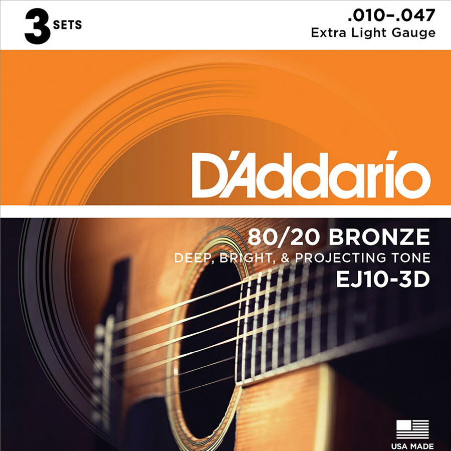 アコースティックギター弦 3-Pack Acoustic 80/20 Bronze 010-047 3セットパック【特徴】D'Addarioマルチパック・シリーズは、3セット入りのお得なパック弦です。1-6弦づつセットで特殊ポリマーパックで密閉されており、長期間劣化することはありません。3-Pack Acoustic 80/20 BronzeExtra Light1st:0.0102nd:0.0143rd:0.0234th:0.0305th:0.0396th:0.047JANコード：0019954295769