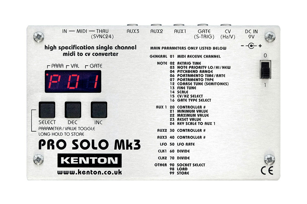 MIDI to CV Gate Clock コンバーター【特徴】KENTON Electronics PRO SOLO Mk3 (プロ・ソロ・マークスリー)は CV/Gate 入力を搭載した全てのアナログ・モノシンセ、ヴィンテージ・シンセ、ユーロラック・モジュラーシンセを MIDI で演奏できるようにする MIDI to CV/Gate/Sync コンバーターです。ヴィンテージ・シンセを現代の MIDI コントロールを中心としたスタジオに導入したり、ユーロラック・モジュラーシンセを MIDI 機器と組み合わせる際の橋渡しとなる様々な機能を備えています。それに加えて接続した機器の機能を拡張する追加機能や、テンポのシンク機能まで備えています。20年以上ものロングセラーを誇る PRO-SOLO シリーズの基本的な機能はそのままに、Mk3 では多数の機能が追加されて、より使いやすく活躍の場面が増えました。PRO SOLO Mk3 は現代のアナログ・シンセサイザー・フリーク必携のマスト・アイテムと言えます。【詳細情報】〈接続端子〉・MIDI IN、 MIDI THRU・CV 出力（3.5mm ジャック）（V/Oct、 Hz/V、 1.2V/Octに設定可能）・Gate 出力（3.5mm ジャック）（V-Gate、 S-Trig）・Aux1、2、3 出力（各3.5mm ジャック）・MIDI THRU は設定を切り替えると SYNC24（DIN SYNC）出力としても使用可能（可変 CPQN）・DC IN 9V 100 mA外形寸法：幅/140mm　　　　　奥行き/87mm　　　　　高さ/45mm　　　　　(ノブ、ゴム足、突起含む)重量：208g　　　ACアダプター含まず付属品：AC アダプターJANコード：4582348928032