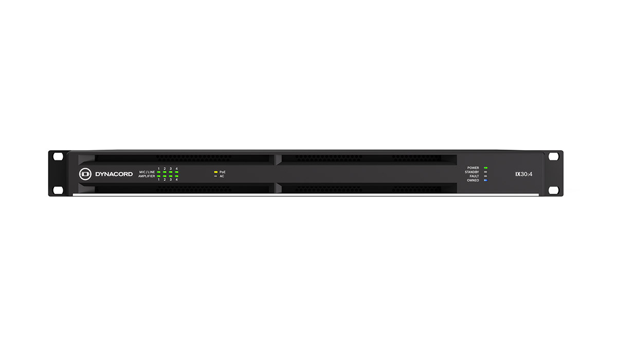 4チャンネルネットワーク対応マルチチャンネルDSPアンプ、3kW【特徴】Hi-ZおよびLo-Z動作に対応した3kWパワータンク搭載の4チャンネルネットワークDSPアンプOCA/AES70リモートコントロール付き8x8 Dante、Danteブレークインとして使用可能な4つのマイク/ライン入力96kHzフル機能DSPマトリックスミキサーと、システムロジック、自動化、スケジューリング、統合のためのMXEスタイルのタスクエンジンghostPOWERをPoE経由で使用することで、DSP、Danteネットワーク、マイク/ライン入力を維持します。高効率なecoRAILテクノロジーで運用コストを削減IX30:4は、合計出力6kWの4チャンネルネットワークDSPアンプです。powerTANKテクノロジーにより、ハイインピーダンス負荷とローインピーダンス負荷の両方を駆動できるため、スポーツ施設、教会、ライブパフォーマンススペース、ホテルなど、幅広い用途に最適です。IX30:4は、8系統のDante入力、8系統のDante出力、およびDanteブレークインポイントとして使用できる4系統のマイク/ライン入力を備えています。ネイティブ動作96kHz DSPは、フル装備の12×12マトリックスミキサー、EQ、ダイナミクス、Dynacord FX、およびFIR-Drive機能を備えています。12系統すべての入力はパイロットトーン検出機能を備え、8系統のDante出力と4系統のアンプ出力では、最大30kHzのパイロットトーンを追加できます。IX30:4は、エネルギー消費を最適化するためにDynacord独自の特許技術であるecoRAILを採用しています。PoEによるghostPOWERにより、主電源の状態に関係なく、DSP全体、Danteネットワーク、およびすべてのマイク/ライン入力がアクティブな状態に維持されます。統合されたMXEスタイルのTaskEngineにより、システムの自動化、スケジュール設定、制御、およびサードパーティ製デバイスとの統合が可能になります。【詳細情報】IXシリーズはDynacordのSONICUEサウンドシステムソフトウェアに完全に統合されており、SONICUEコントロールサーバーとして、WPN1ウォールパネル、TPC-1、iOSおよびWindowsデバイスと直接接続して使用できます。仕様出力電力総定格出力電力1 3、000アンプチャンネル数 4負荷 2Ω 2.7Ω 4Ω 8Ωすべてのチャネルが均等に駆動される 750W 750W 600W 750Wチャンネルごとの最大値 1.000W 800W 600W 1.000W橋 1.000W 1.300W 1.500W 1.200Wダイレクトドライブ 70V 100V すべてのチャネルが均等に駆動される 375 W 375 W チャンネルごとの最大値 750W 1.000W 最大出力電圧 Hi-Z/8Ωモード、チャンネルあたり 145 Vpkチャンネルあたりの最大出力電流（Lo-Z/4Ωモード） 33 APK増幅器電圧利得Lo-Zモード、基準周波数1kHz 32 dB、調整可能範囲：20.0〜44.0 dB入力感度、ダイレクトドライブモード +6 dBu (1.55 V)、固定THD+N（AES17規格の最大値より3dB低い値、1kHz） 0.1%未満クロストーク（基準：1kHz、最大8Ω負荷時、12dB下） ＜ -80 dB周波数特性（基準：1kHz、アナログ入力スピーカー出力） 20Hz〜20kHz（±1dB）サンプリングレート 内部96kHz、Dante 48/96kHz切替可能レイテンシー（アナログ入力-スピーカー出力） 0.77ミリ秒マイク/ライン入力の数 4得 0〜60dB最大入力レベル +18 dBuファントムパワー +48V、入力ごとに切り替え可能入力インピーダンス ＞10 kΩEIN（A特性）@ 150Ω -127 dBuクロストーク（基準：1kHz、最大8Ω負荷時、12dB下） ＜-80 dB接続性マイク/ライン入力 2 x 5 ピン ユーロブロック スタイル、オススピーカー出力 8ピンユーロブロック型コネクタ×1、2.5mm （12AWG）ネットワーク RJ45コネクタ×2コントロールポート 8ピンユーロブロック型コネクタ×1主電源入力 IEC C14コネクタ×1ネットワーク一般的な 1000BASE-T/100BASE-TX、統合スイッチ冗長モード グリッチフリー（プライマリ/セカンダリ）、RSTPバックアップ電源（ghostPOWER） プライマリポートにPoE（IEEE802.3af）×1ネットワークオーディオ（入力数×出力数） 8 x 8、48/96 kHz、DanteコントロールポートGPIO制御ポート 3つのポート、切り替え可能：アナログ入力／デジタル入力／デジタル出力アナログ入力範囲 0V〜+13V、入力抵抗133kΩデジタル入力制限 オン：1.5V未満OFF: ＞2.0V、内部プルアップ抵抗(10kΩ / 10V)デジタル出力 ON：出力はGNDに切り替わり、最大200mAOFF: オープンコレクター基準電圧出力 +10V、最大200mA、監視機能付き、短絡保護機能付き準備完了／故障 ガルバニック絶縁リレー、最大30VDC/500mADC一般的な消費電力定格消費電力（最大出力電力の1/8） 550Wエコモード 25Wスタンバイモード ＜15W電力要件 100V〜240V、50Hz〜60Hz交流電源技術 デジタル制御力率補正機能を備えたスイッチング電源保護 オーディオリミッター、高温リミッター、DCリミッター、HFリミッター、短絡リミッター、逆起電力リミッター、ピーク電流リミッター、突入電流リミッター、主電源過電圧/低電圧保護冷却 前面から背面まで、温度制御ファン、監視付き周囲温度制限 +5℃〜+40℃（+40°F〜+105°F）寸法 483 mm x 44.1 mm x 447 mm (19 インチ x 1.74 インチ x 17.6 インチ)重さ 7.45 kg (16.4 lbs)発送重量 9.3 kg (20.5 ポンド)JANコード：4060039166753