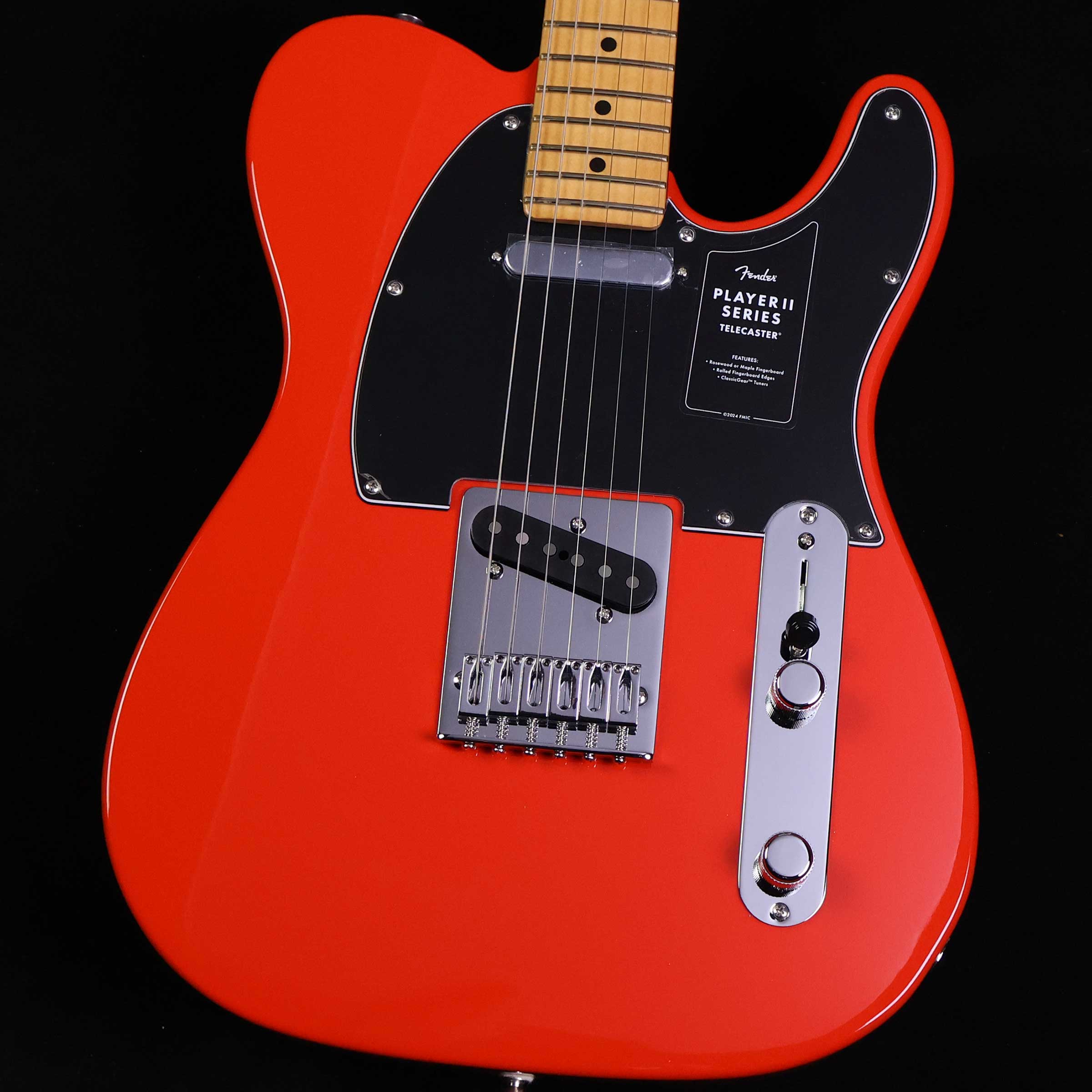 Player II Telecaster Maple Fingerboard Coral Red S/M:MX24046346【特徴】Player II Telecaster は、時代を超越したフェンダーの魅力を放ちながらも、その中身は現代プレイヤー向けにデザインされています。Modern "C"シェイプのネックバックにはシルキーなサテンウレタンフィニッシュが施されており、丁寧にロールオフされた指板エッジと22本のミディアムジャンボフレットを採用した9.5インチラジアスのメイプル指板が、ネック全長にわたり快適なプレイアビリティを提供します。Player Series Alnico V Single-Coil Tele ピックアップからはクリスタルのように澄み渡ったハイエンドとタイトなローエンドが得られます。【商品のコンディション】新品・未展示品・メーカー保証付属・現品画像掲載こちらの個体は検品・調整後、専用倉庫にて保管しFender純正箱でお届けする安心の画像現物個体販売品です。【詳細情報】ボディAlderボディフィニッシュGloss PolyesterボディシェイプTelecaster BODY STYLESolid Bodyボディ素材AlderヘッドストックTelecaster ネックMapleネックフィニッシュSatin Urethane Finish on Back, Gloss Urethane Finish on FrontネックシェイプModern "C"ネック4-Bolt Standardフィンガーボードラジアス9.5" (241 mm)フィンガーボードの素材MapleポジションインレイBlack Dotサイドドットフレット数22トラスロッドSingle Action, Head Adjustトラスロッドナット3/16" Hex AdjustmentナットSynthetic Boneナット幅1.650" (42 mm)ナットの素材Synthetic BoneブリッジピックアップPlayer Series Alnico 5 Tele Single-CoilネックピックアップPlayer Series Alnico 5 Tele Single-CoilピックアップコンフィギュレーションSSコントロールMaster Volume, Master Toneスウィッチ3-Position Blade: Position 1. Bridge Pickup, Position 2. Bridge and Neck Pickups, Position 3. Neck Pickupブリッジ6-Saddle String-Through-Body Tele with Block Steel SaddlesBRIDGE MOUNTING4-Screw Vintage-Styleピックガード3-Ply Black/White/BlackピックアップカバーNeck: Chrome; Bridge: BlackコントロールノブKnurled Flat-TopSWITCH TIPBarrel Style, BlackハードウェアフィニッシュNickel/ChromeチューニングマシーンFender ClassicGear STRING TREESDual-Wingネックプレート4-Bolt with "F" LogoストラップボタンStandard重量：3.76kg付属品：ソフトケース、保証書、レンチ【ご注意】●メーカー保証付き。メーカー保証期間終了後も島村楽器全店で通常よりもお安く修理、調整いたします。●この商品についての詳しいお問い合わせは TEL：0570-020-025 または「お問い合わせフォーム」よりお願いします。●こちらの商品はミ・ナーラ奈良店でのみ現物をご確認いただけます。未展示品のためご希望の方はミ・ナーラ奈良店スタッフまでお申し付けください。●売却時の商品情報の削除は迅速を心掛けておりますが、万一ご注文後に売り切れとなっておりました場合は誠に申し訳ございませんがご容赦ください。●商品によって、調整等でお届けにお時間をいただく場合がございます。予めご了承ください。■管理コード:0138000772532【Fender_P2】【24Fen_awprcan】