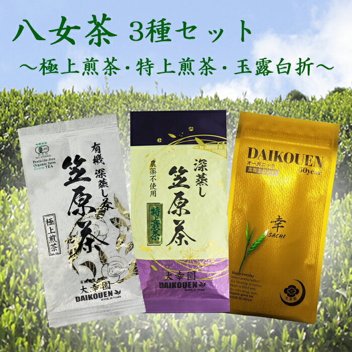 【極上煎茶・特上煎茶・玉露白折】八女茶 3種セット 完全無農薬 各種80g 煎茶 白折り ギフト 有機栽培 用 母の日 プレゼント 日本茶 茶葉 緑茶 内祝い お供え お礼 御礼 お祝い 福岡県八女市 法事 国産 お茶 深蒸し 香典返し お返し 母の日