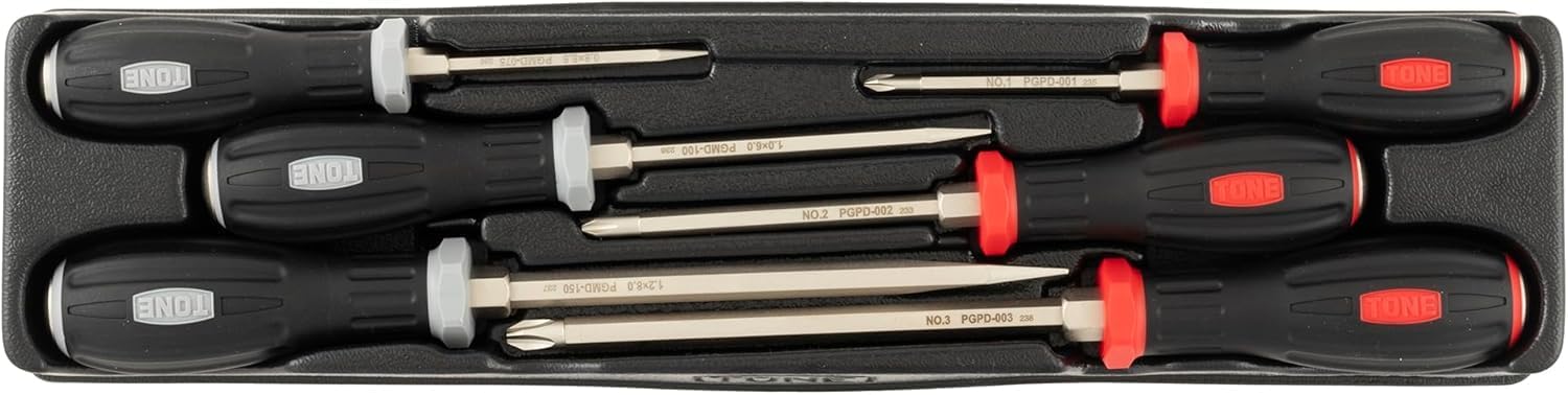 セット点数:6点セット内容:〔パワーグリップドライバー(貫通):PGMD-075、100、150〕、〔パワーグリップドライバー(貫通):PGPD-001、002、003〕収納時外観寸法(約):長さ415mm×幅105mm×高さ43mm質量:1.06kg適合ツールボックス:BX331、BX331SV、BX331BK、BX322、BX322SV、BX322BK、BK430、BK420、BK420S、MCT2トレー付・マグネット付・六角軸ドライバー貫通ドライバー・六角ボルスター付警告:ドライバーをタガネ代わりに使用しないでください。叩いたり、物をこじったりするのは、ドライバーを傷め、また事故の原因になりますから絶対にしないでください。注意:貫通ドライバーを叩く場合はねじ面に垂直に立てて叩いてください。