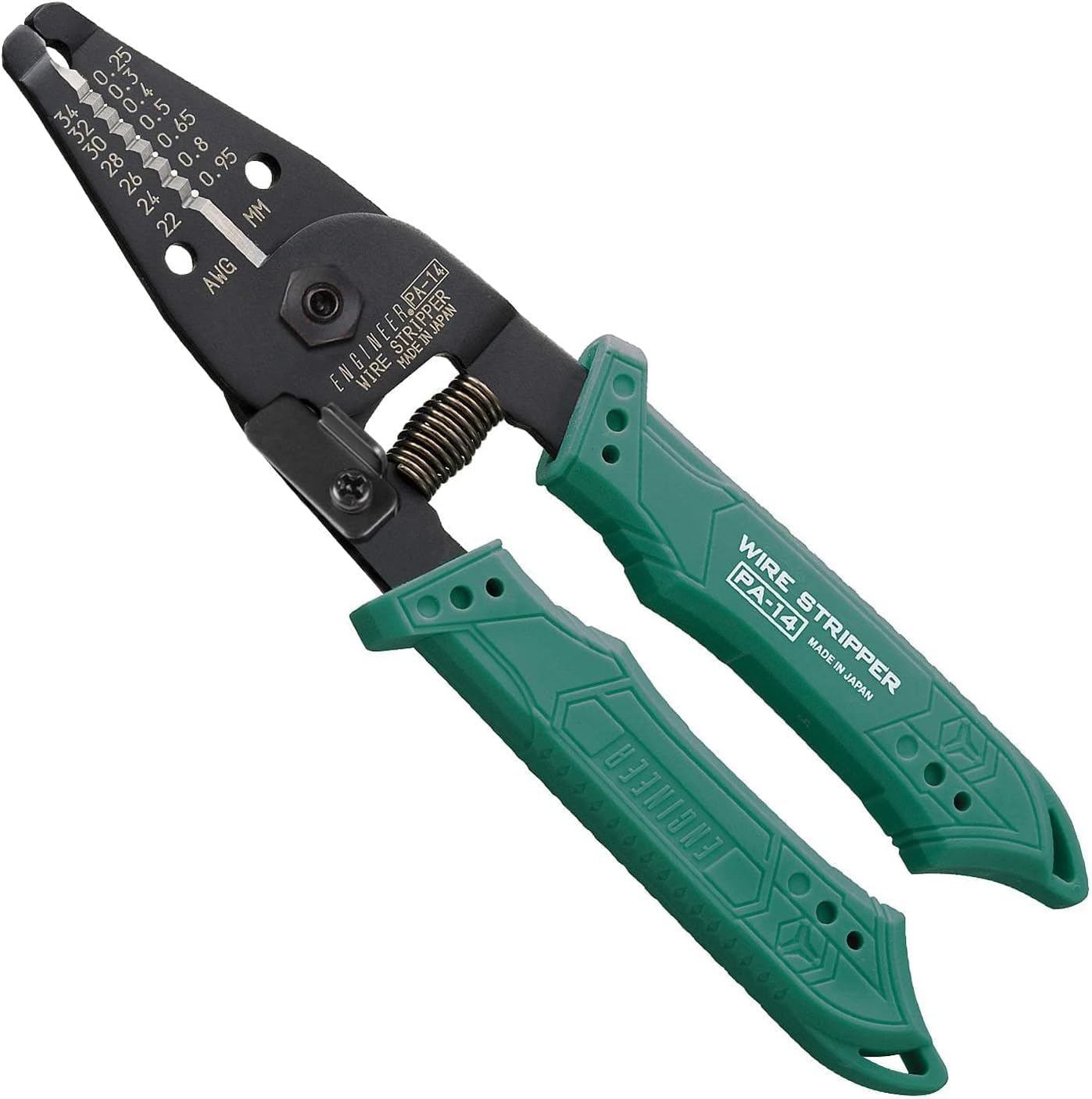 切れ味と耐久性に優れた高性能ワイヤーストリッパー。圧着機能付きで、裸端子の圧着、接続端子の圧着ができます。独自のセットピンにより、長期間の使用による緩みも、簡単に調整できます。絶縁電線のストリップに。各穴径 : 0.25mm、0.3mm、0.4mm、0.5mm、0.65mm、0.8mm、0.95mm