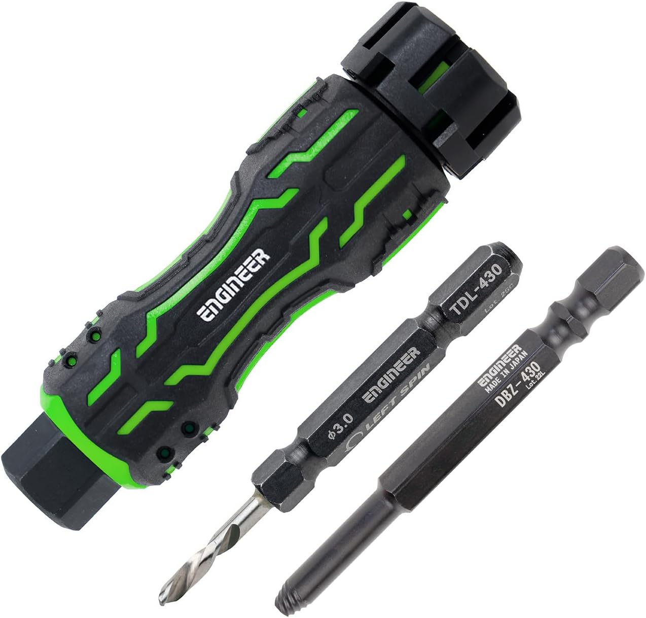 ・MINIドライヴ(DZ-80)とあらゆるネジが外せるネジモグラと左回転ドリルのセット。・潰れたネジを叩かず外せます。・ネジ穴の形状・有無にかかわらず、ドリルで穴を開けられる硬度のネジに使用できます。・携帯性と操作性に優れたコンパクトグリップ。・固着したネジもラクラク回せるボルスター(対辺13mm)付き。・軸ブレが無く安定した精密作業が可能なスピンヘッドを搭載。【商品の仕様】・対応ネジ:頭径7〜9.5mmのネジ・軸対辺(mm):6.35・ビット全長(mm):65・ビット先端径(mm):3.0・グリップ全長(mm):117・グリップ径(mm):24・重量(g):65・材質:炭素鋼(ネジモグラ)/HSS(左回転ドリル)/エラストマー&PP&炭素鋼(グリップ)【用途】・潰れたネジの取り外しに。【注意事項】・左回転ドリルはタッピングネジ、ドリリングネジ、コーススレッドなどの硬度が高いネジには使用しないでください。・錆や接着剤などで完全に固着したネジには使用できない場合があります。・左回転ドリルを使用する際は必ず切削油を使用してください。【内容品・付属品】・DBZ-430・TDL-430・DZ-80対応ネジ:頭径7〜9.5mmのネジ軸対辺(mm):6.35ビット全長(mm):65ビット先端径(mm):3.0グリップ全長(mm):117