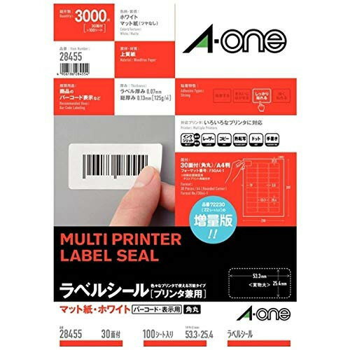 ●種別：スタンダードタイプ●規格：30面（角丸）●単位：1冊●片数：3000●総厚：130μm●ラベル厚：70μm●材質：上質紙●坪量：120g/●白色度：81%●入数：1袋（100枚入）●インク種類：染料、顔料インク対応