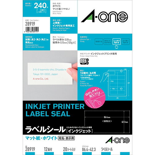 エーワン IJラベル　28919　A4／12面　余白付　20枚