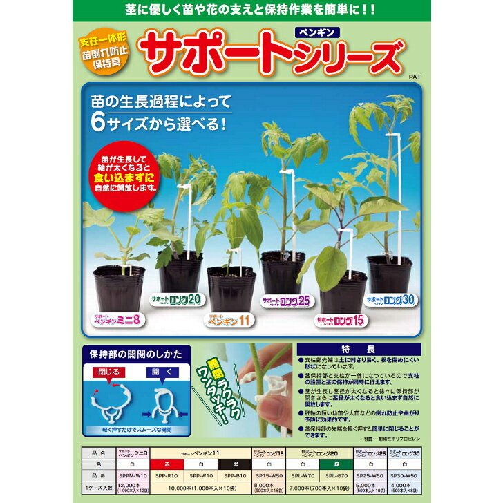 商品情報■サポートシリーズ取り扱い■家庭菜園でもご使用できるよう小分けもいたしております・小分規格　　●20ケ　●100ケ　配送方法は定形外日本郵便（ポスト投函）での発送となります■生産者プロ用は元詰各種1000ケ～500ケ規格をどうぞ　●サポートペンギン11　1000ケ入り　●サポートロング20　700ケ入り　●サポートロング30　500ケ入り　配送方法はレターパック、10000ケはメーカーより自動車便にて直送【種子ご購入時の注意点と納期について】■送料について商品には荷造運賃を含む総額或いは送料無料でのお届けとなります。（発送方法は当店指定の発送方法となりますので予めご了承くださいませ）　　■発送方法軽量物は定形外日本郵便（ポスト投函）での発送を基本とします。高額商品は当店並びに、メーカーの判断にて自動車便発送とさせていただきます。■代引決済に関するご注意代引き決済は取り扱いをしておりません【生産資材】シーム製接木用資材　「サポートペンギン」「サポートロング」　～ナス・トマト・ピーマン用支柱一体型　苗倒れ防止保持具ー ナス・トマト・ピーマン接木後の苗倒れを防止と、苗の曲がりをしっかりサポート！「サポートペンギン」「サポートロング」 5