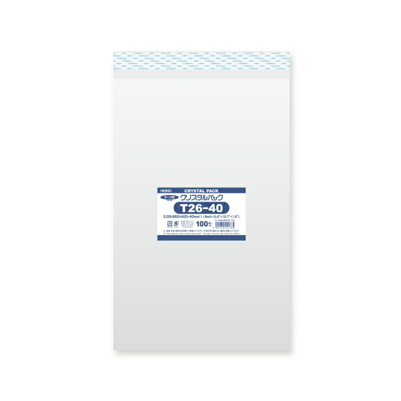 OPP袋 透明袋 A4フラットファイルサイズ テープ付き 100枚入 クリスタルパック 厚0.03×幅260×高400+テープ部分40mm シモジマ HEIKO T 26-40