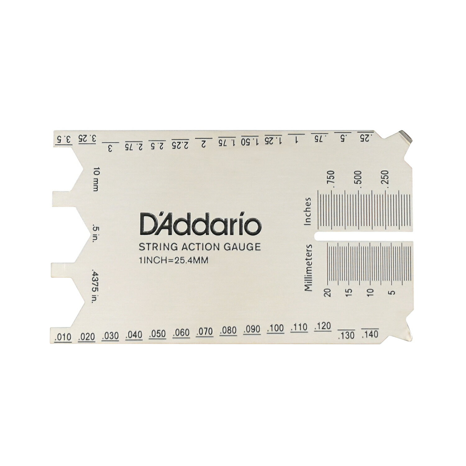 D'Addario String Height Gauge(弦高ゲージ)に新たなオプションが加わり新仕様に生まれ変わりました。 ステンレススチール製のコンパクトなゲージには高精度な目盛が刻まれており、 ギターやベースの細かい弦高セッティングに便利なツールです。 弦高セッティング以外にも、ピックアップの高さ、ネックリリーフや様々な細かい計測が可能なツールです。 携帯に便利なカードサイズのツールが貴方のギター＆ベースのベストセッティングをサポートします。 3サイズの開放型簡易ハードウェアレンチ、マイナスとプラスの簡易スクリュードライバーで ギターのジャックの緩みやピックアップの高さ調整といった簡易的な作業にも対応します。 ・メモリ表記：インチ、ミリメートル表記 ・高精度メモリで細かいセッティングが可能 ・ステンレススチール素材