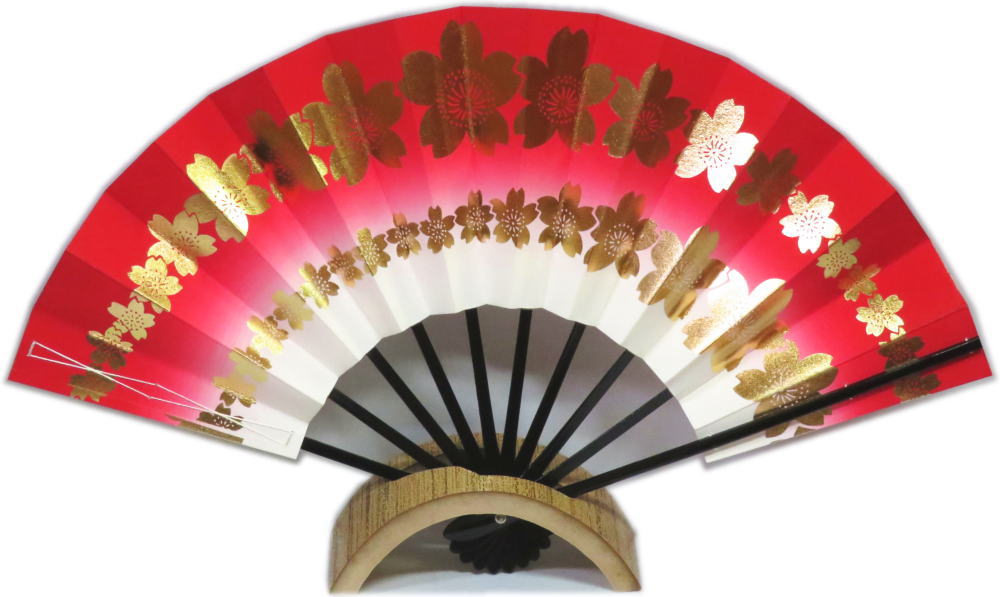 舞扇子　子供扇子≪赤ぼかし　二段桜柄　テ441≫◇黒竹◇8寸　化粧箱入り　ゆうパケット発送OK　京扇子　扇子　舞扇　子供用