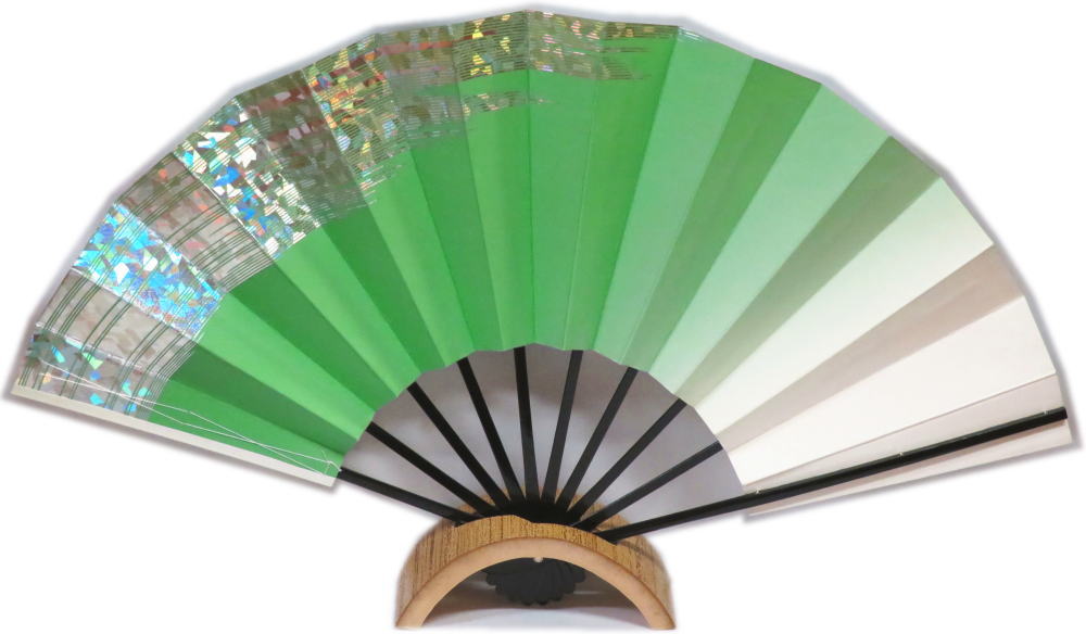 ・舞扇子≪ホログラム箔　上段かすみ　緑≫黒塗◇お買い得扇子　9寸5分　化粧箱なし　ゆうパケット発送OK..