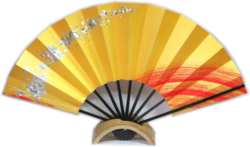 ・舞扇子≪sa2085　ゴールド地　ホログラム箔　かすみ　赤≫◇9寸5分◇黒竹　化粧箱なし　ゆうパケット発送..