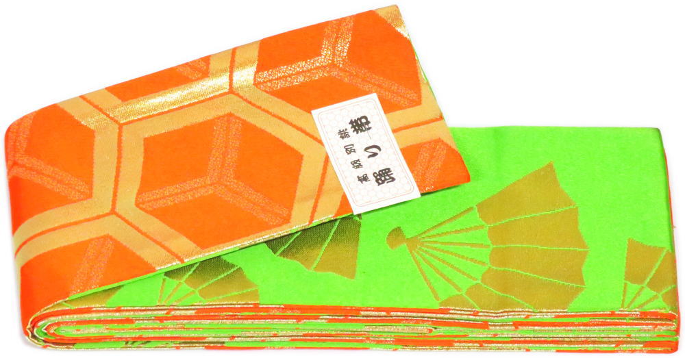 三寸帯　金襴帯　朱地金亀甲　緑地金扇　両面　日本製 男物 男帯　3寸帯　リバーシブル　踊り帯　平帯