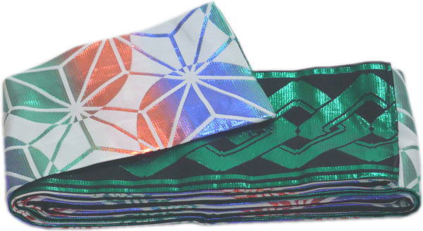 四寸三分帯23　金襴帯《グラデーション赤青緑箔麻の葉丸　黒地緑箔吉原つなぎ》両面　日本製 半巾帯　4..
