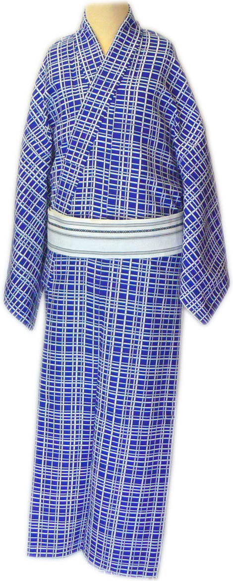 仕立上　男物 小紋“単衣仕立”≪紺地　格子柄≫「舞台衣装・ステージ衣装」　日本舞踊・演劇・よさこい・コスプレ・余興・お祭などに最適！【送料無料】着物　踊り着物 踊り用　仕立て上がり　着流し　メンズ