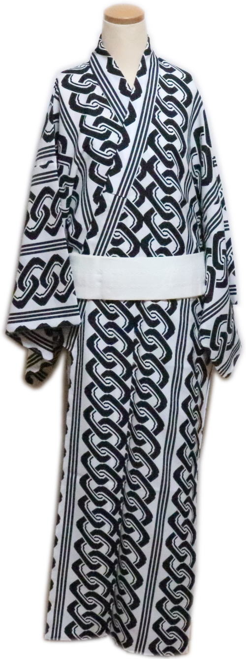 仕立上　男物　小紋“胴抜仕立”≪白地　黒吉原つなぎ≫八掛仕立　八掛グレー「舞台衣装・ステージ衣装」　日本舞踊・演劇・よさこい・コスプレ・余興・お祭などに最適！【送料無料】着物　踊り着物 踊り用　仕立て上がり　着流し