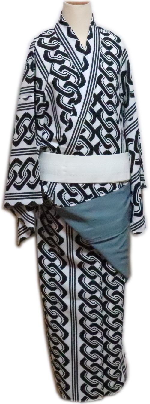 仕立上　男物　小紋“胴抜仕立”≪白地　黒吉原つなぎ≫八掛仕立　八掛グレー「舞台衣装・ステージ衣装」　日本舞踊・演劇・よさこい・コスプレ・余興・お祭などに最適！【送料無料】着物　踊り着物 踊り用　仕立て上がり　着流し