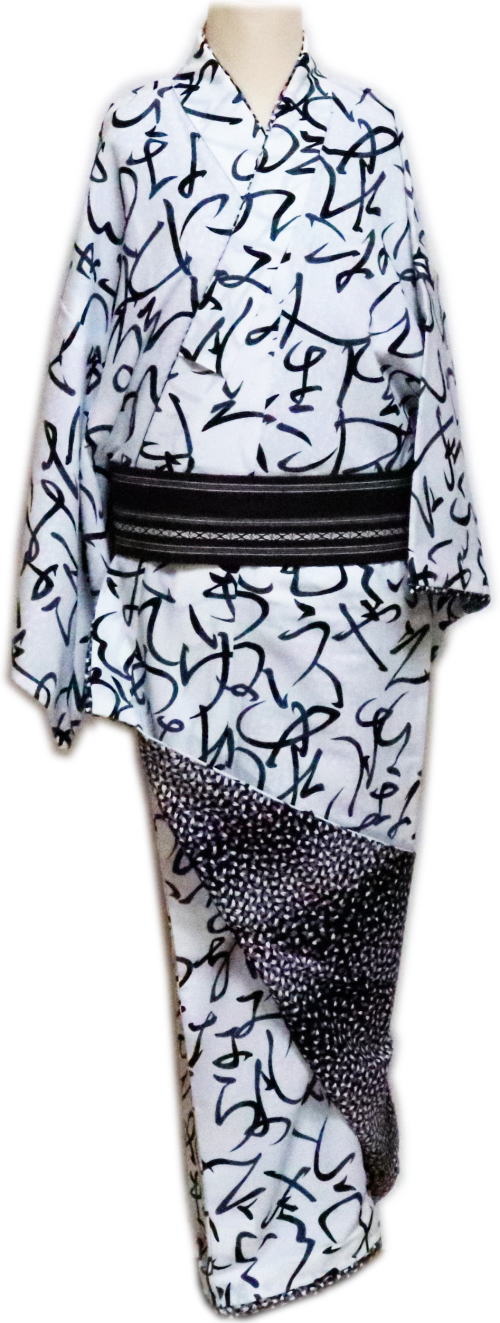 仕立上　リバーシブル　男物　“袷仕立”　白地・文字　黒地・桜花びら　小紋「舞台衣装・ステージ衣装」　日本舞踊・演劇・よさこい・コスプレ・余興・お祭などに最適！【送料無料】着物　踊り着物 踊り用　仕立て上がり　着流し