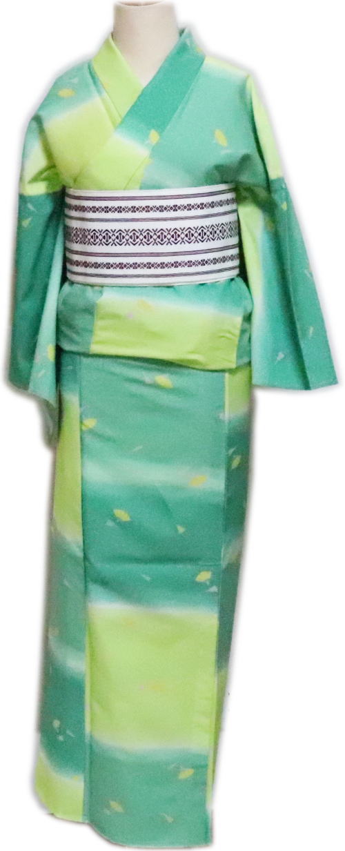 Rakuten - 仕立上　小紋“単衣仕立　緑・黄緑地　扇「舞台衣装・ステージ衣装」　日本舞踊・演劇・よさこい・コスプレ・余興・お祭などに最適！【送料無料】着物　踊り着物 踊り用