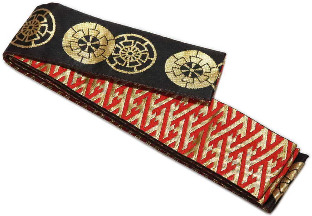 伴天帯　金襴【ゆうパケットOK】黒地金車　金地赤さや型　リバーシブル　金襴織帯　半天帯　半纏帯　袢..