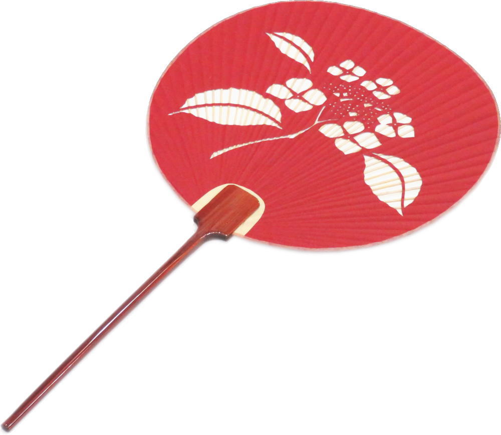 ＜あじさい　エンジ＞長柄うちわ（丸枝）　片面透かし 22cm 持ち枝：塗竹【京うちわ】【団扇】【うちわ..