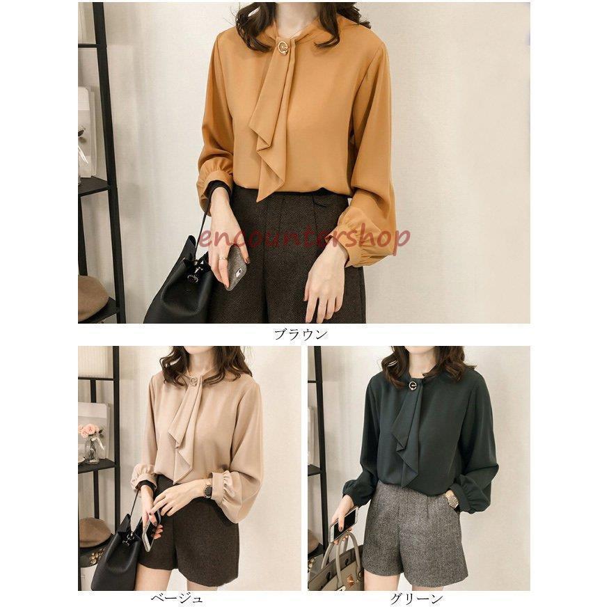 レディース ブラウス シャツ トップス 春秋 厚手 襟付き きれいめ パフスリーブ オシャレ 長袖 春服 無地 ゆったり 着痩せ ボウタイ フォーマル シフォン shin821-10082958 匠shin サンプル画像2