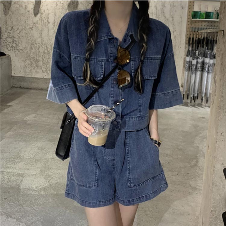 カジュアル ショートパンツ きれいめ セットアップ デニムパンツ 半袖 夏 デニムシ...