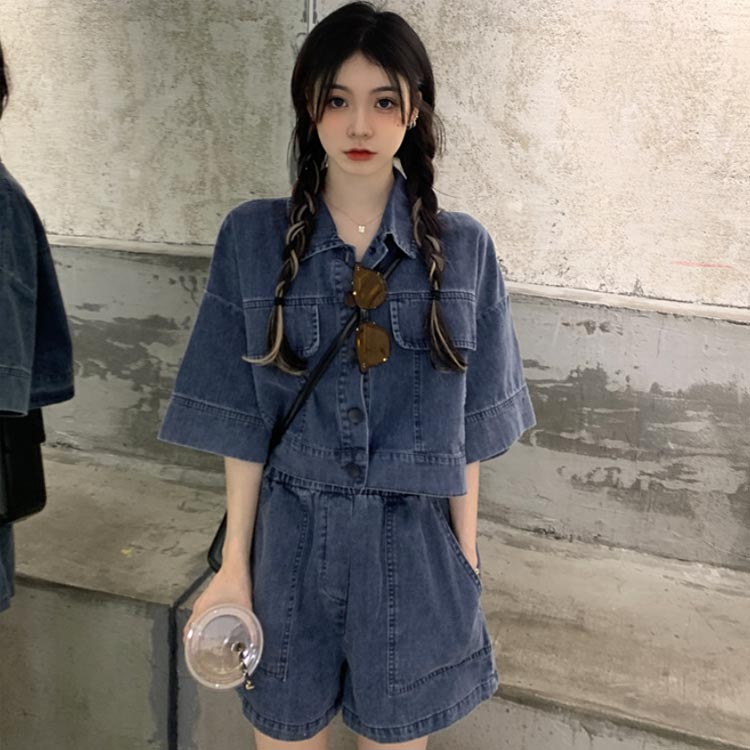 カジュアル ショートパンツ きれいめ セットアップ デニムパンツ 半袖 夏 デニムシ...