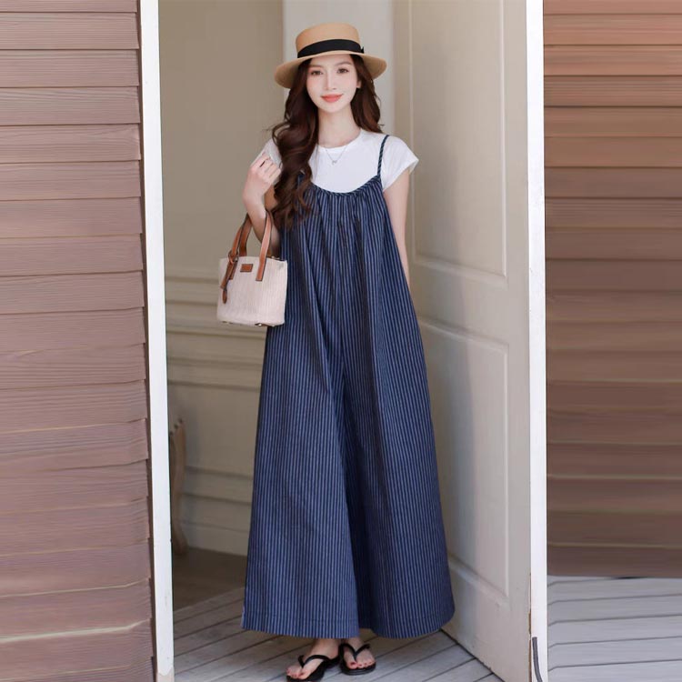 匠shinのワイドパンツ ロングパンツ ガウチョパンツ ストライプ柄 オーバーオール レディース 体型カバー｜アングル2