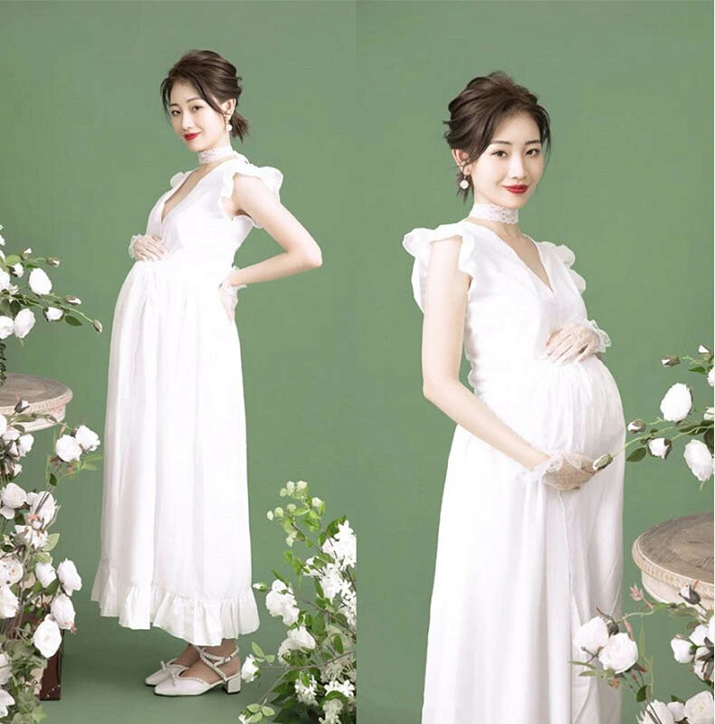 Dresses - ワンピース マタニティフォト メモリアルフォト ホワイト シンプル 記念写真 マタニティー衣装 妊婦 ママ 写真撮影 前