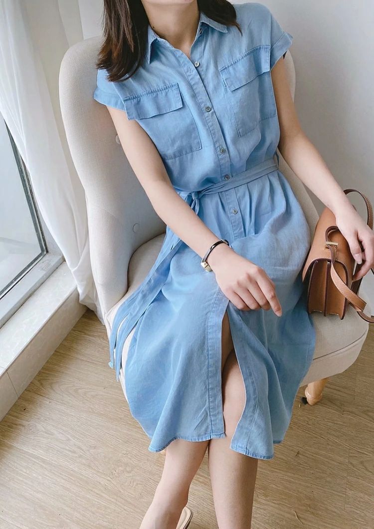 Rakuten - ワンピース デニム 半袖 薄手 シャツワンピ 春 夏 秋 胸元ポケット 通学 通勤 10代 20代 30代 40代 ウエスト調整 セ