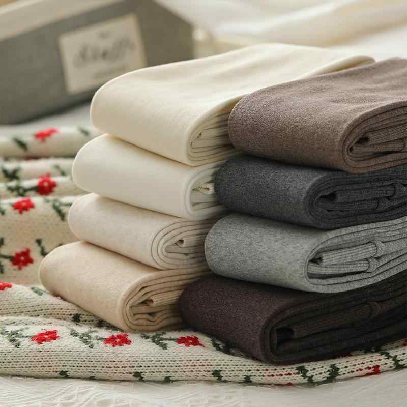 レディース 高腰 コットン混紡 あったか 厚手 タイツ 無地 スパッツ ズボン下 靴下付き レッグウォーマー風 秋冬 米白