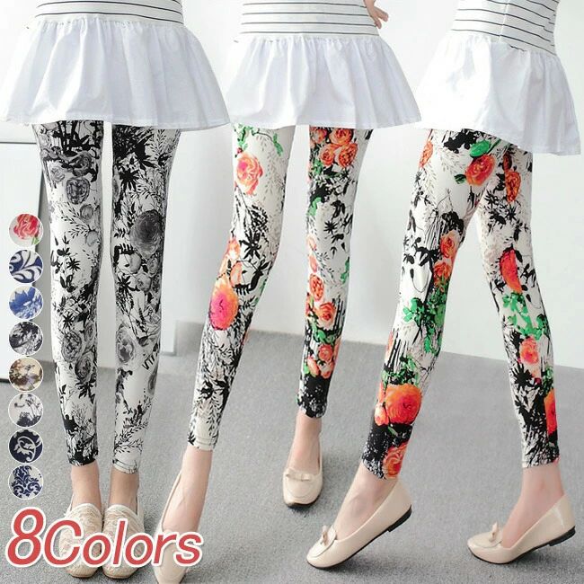 レギンス レディース フリーサイズ ストレッチ 美脚 総柄 プリント パンツ スキニー 伸縮性 ウエストゴム 春 夏 秋 薄手 フ