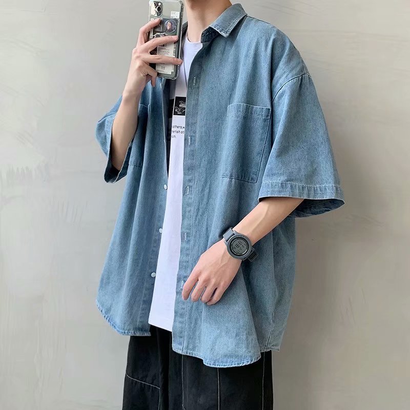 Rakuten - メンズ コットン デニム 春 夏 秋 半袖 トップス 体型カバー ゆったり 10代 20代 30代 40代 通勤 通学 仕事着 カジュアル