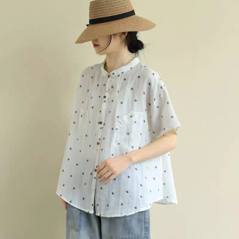 Rakuten - レディース コットン 春 夏 ノーカラー 半袖 薄手 ブラウス トップス ドット 体型カバー ゆったり 10代 20代 30代 40代 5