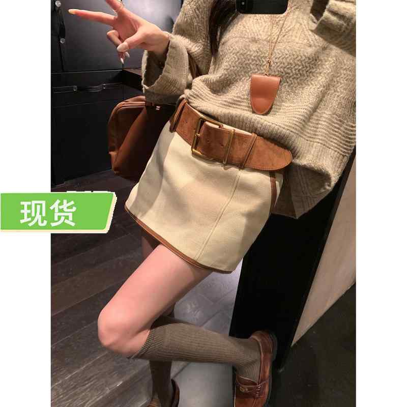 Rakuten - レディース 冬 ハイウエスト Aライン ショートスカート ベルト付き レトロ スタイルアップ 細見え 暖か 女性らしい シ