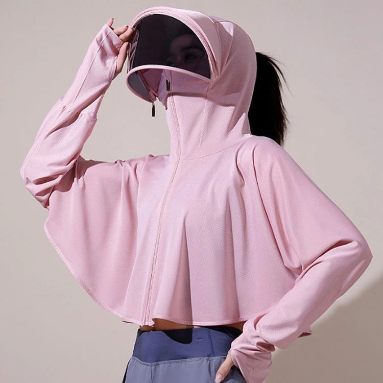 UVカット サンバイザー付き 長袖 フェイスカバー ラッシュガード レディース つば付き 薄手 日焼け止め 体型カバー 指穴付き フード付き UVカット 接触冷感 自転車 紫外線対策 通気性 アウトドア スポーツ