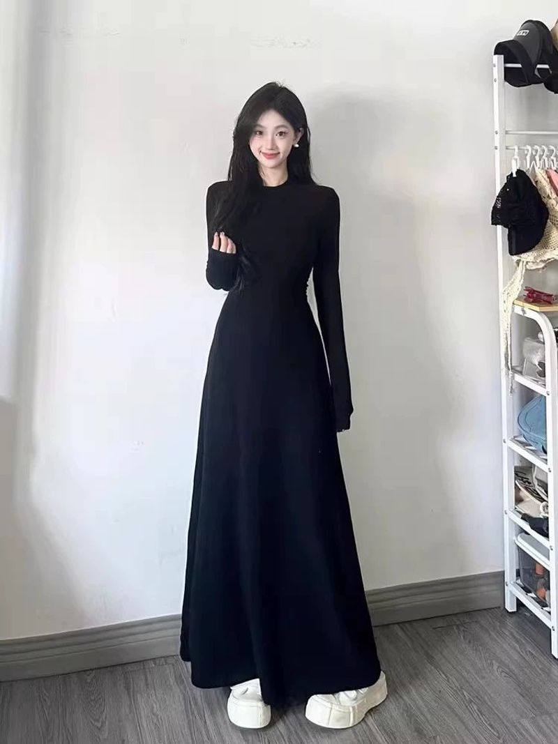 乐天商城 - レディース スウェット ワンピース 韓国風 ロングワンピース マキシ丈 Aライン スリムフィット エレガント 体型カバー 大人可愛