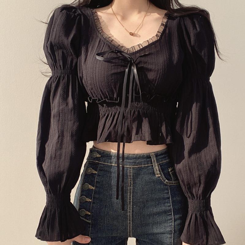 樂天商城 - レディース シャツ トップス ブラウス カットソー tシャツ プルオーバー リボン フリル プリーツ ショート パフスリーブ カジュ
