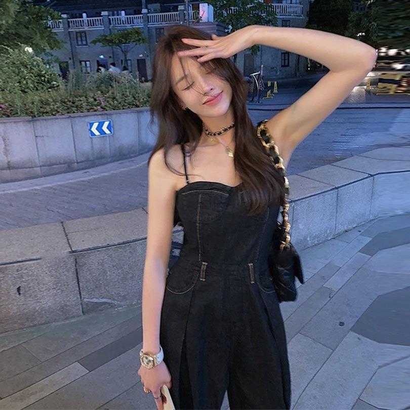 春夏 パンツ レディース ワイドパンツ 韓国風 オールインワン デニムサロペット 細い肩紐 キャミソール 上品 きれいめ オフィス