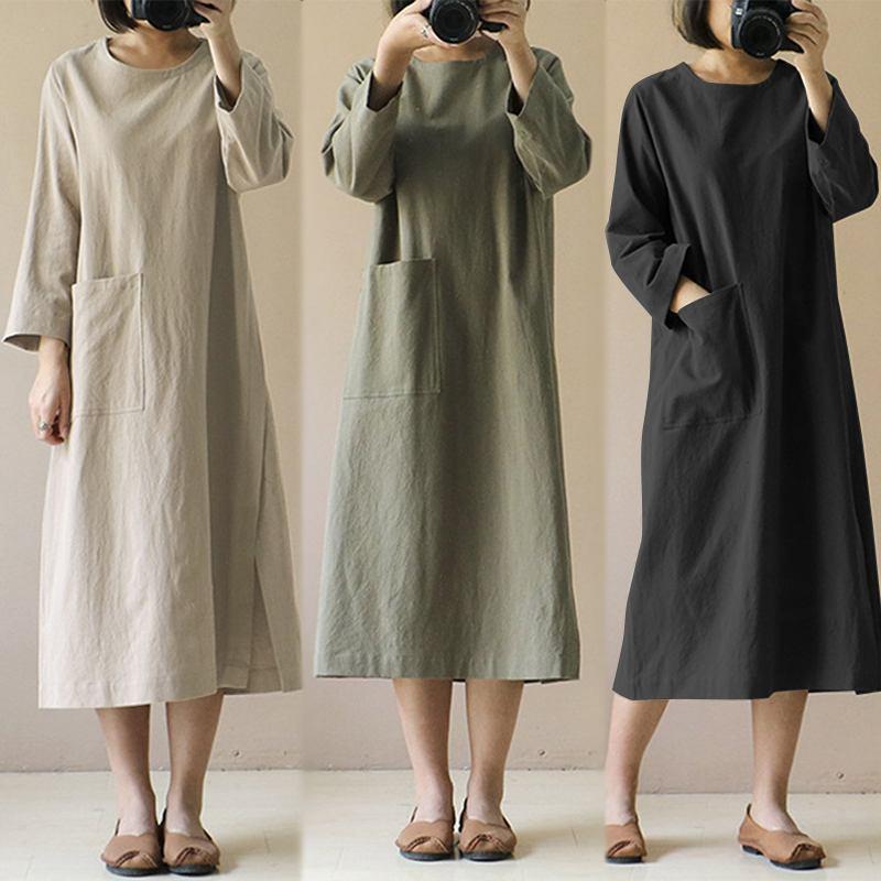 Rakuten - ロングワンピース 長袖 ワンピース 綿麻調 無地 ゆったり 膝丈 春夏 秋冬 リネンワンピース きれいめ Aライン 大きいサイズ 森ガ