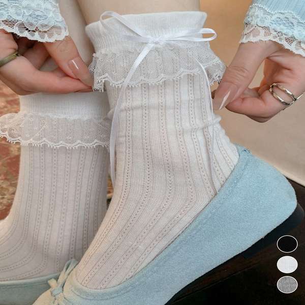 ルソックス 通気性 フェミニンソックス 薄手ミドルソックス 韓国風 可愛い靴下おしゃれ クルーソックス人気 冷え性対策ソックス